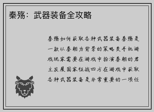 秦殇：武器装备全攻略